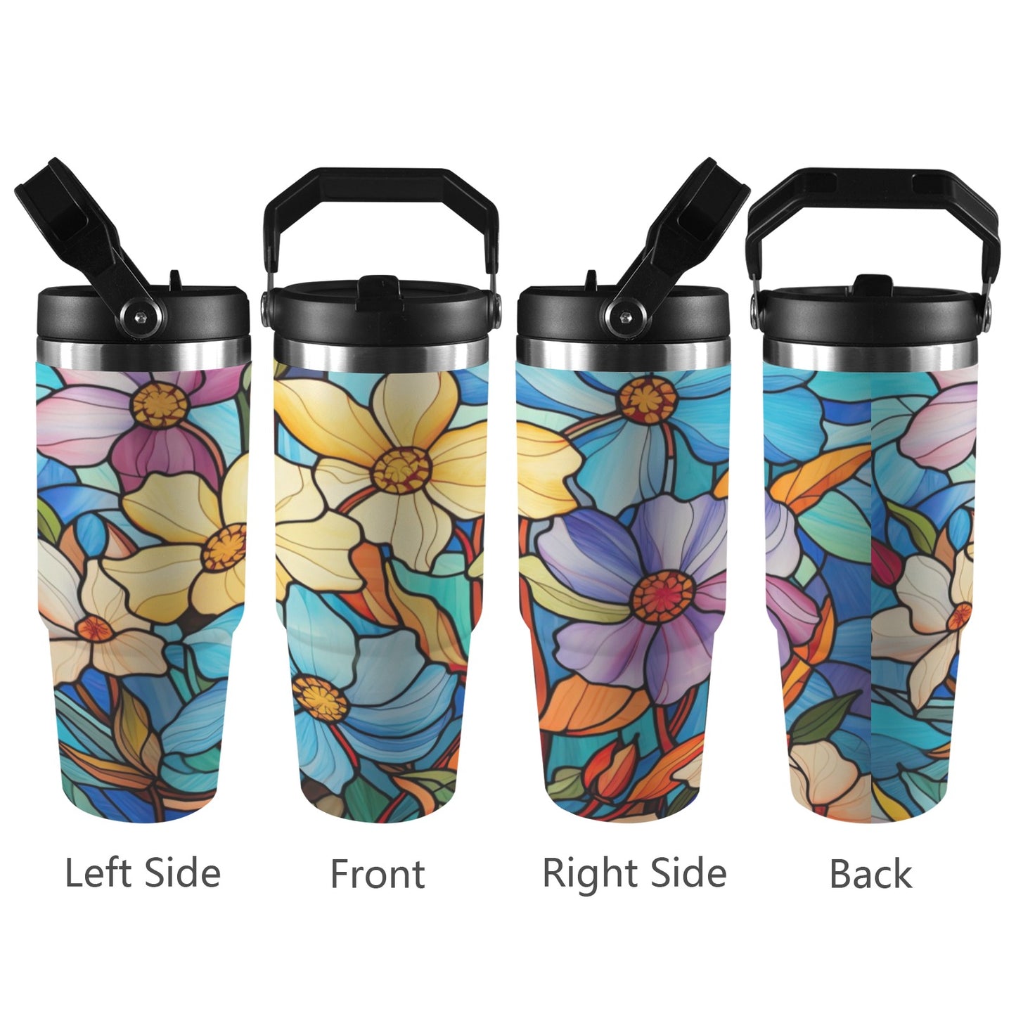 Stained Glass Flowers 3 30oz Tumbler with Top Handle