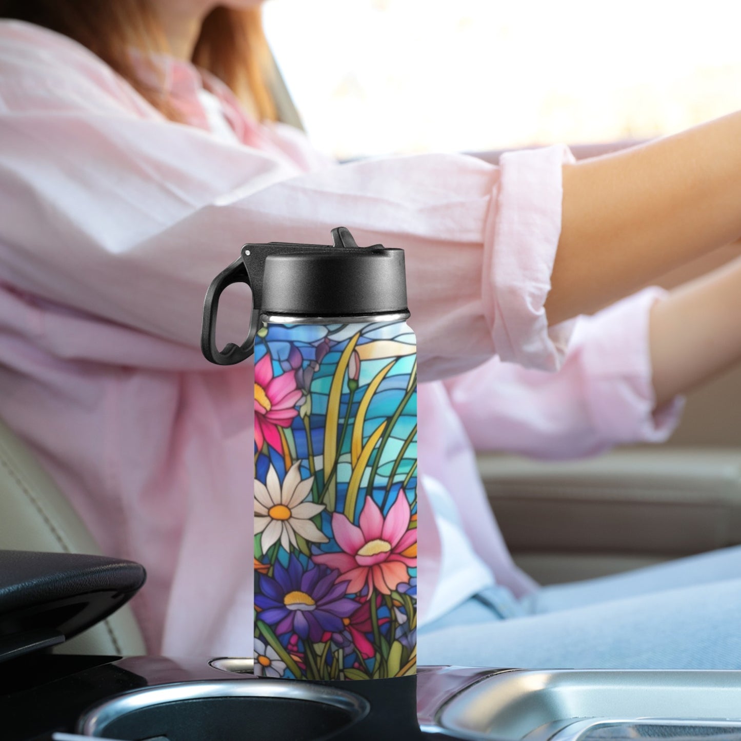 Stained Glass Flowers  Insulated Water Bottle with Straw Lid (18oz)