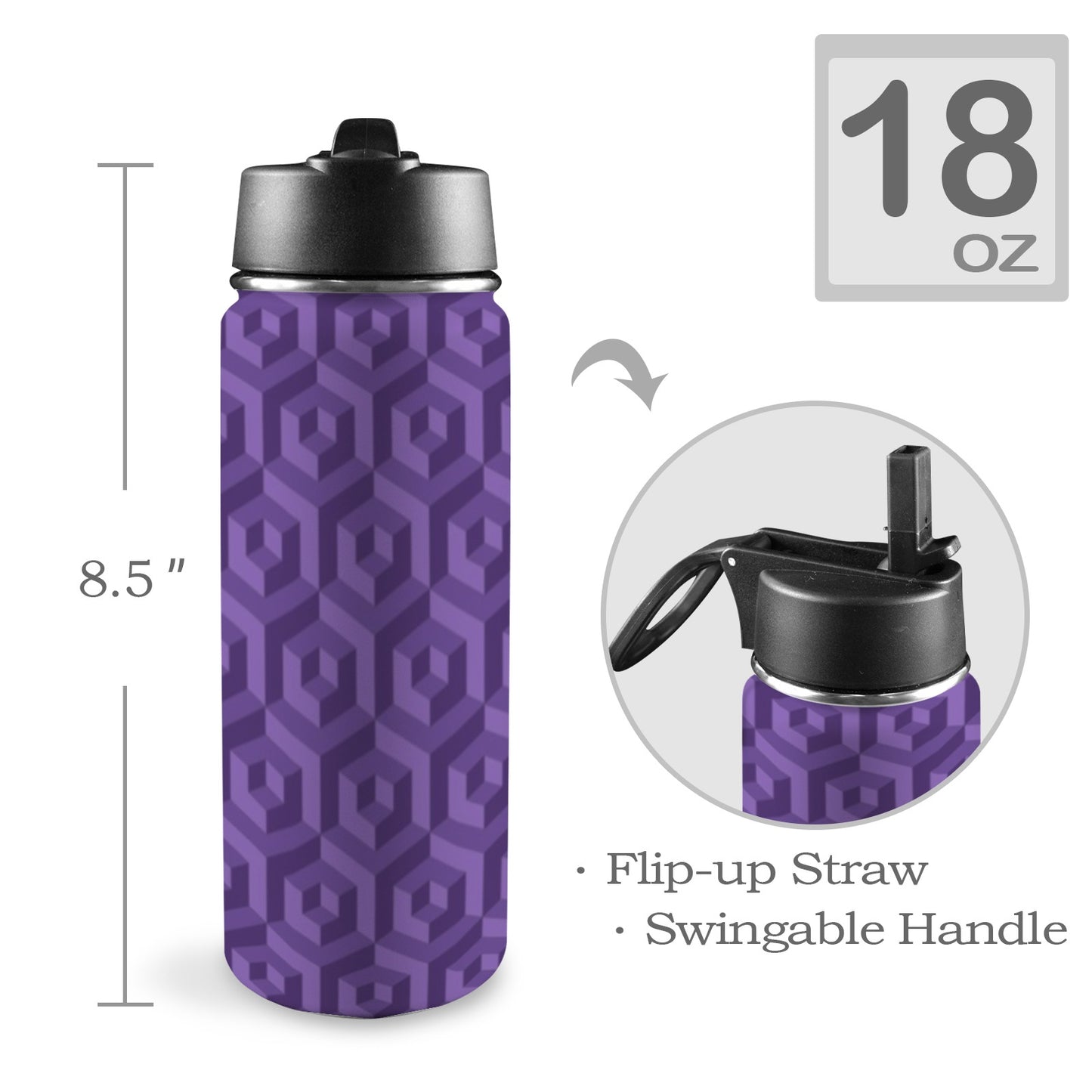 Purple Octagon-Illusion Insulated Water Bottle with Straw Lid (18oz)