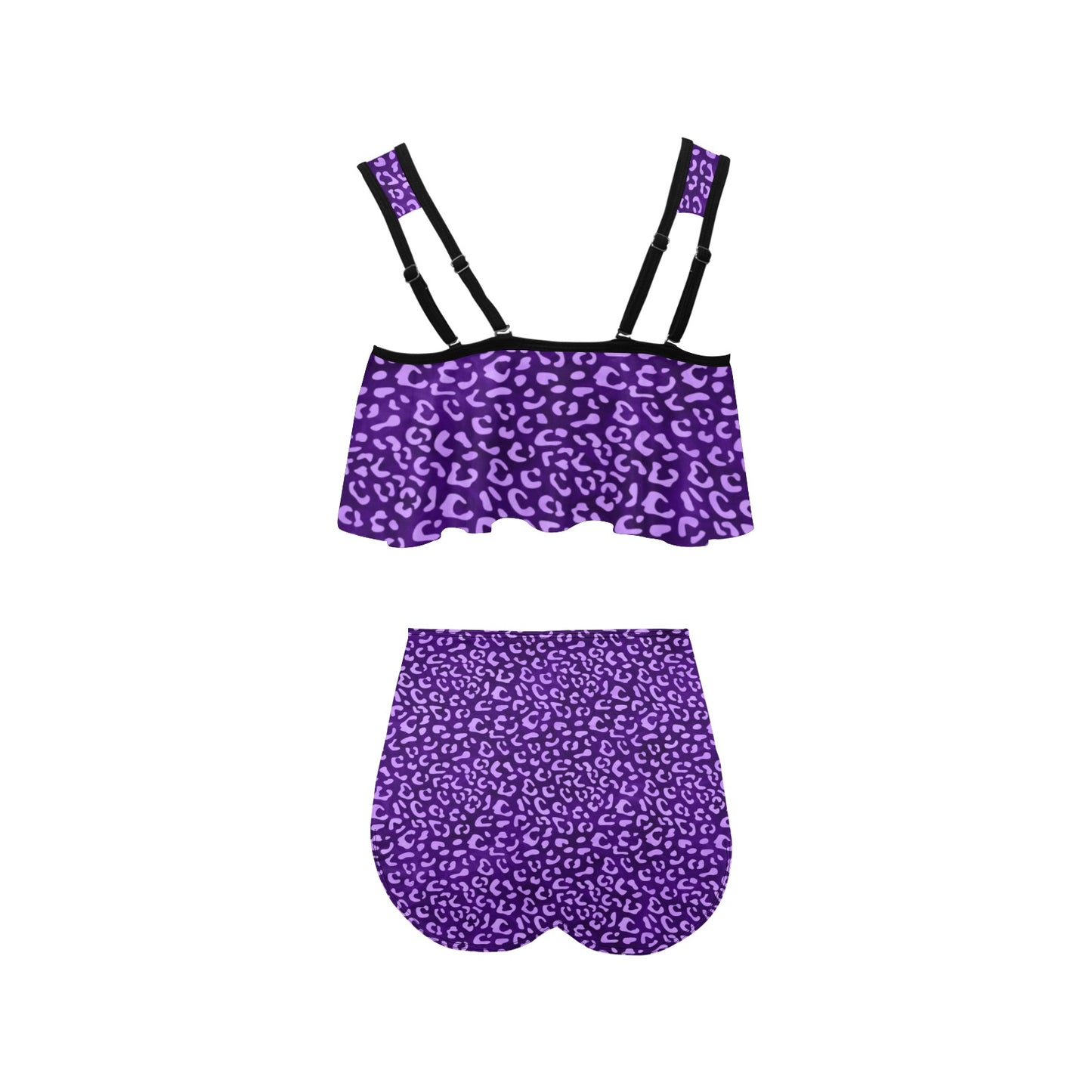 PurpleLeopard Ruffle Flounce Top High Waisted Bikini Set