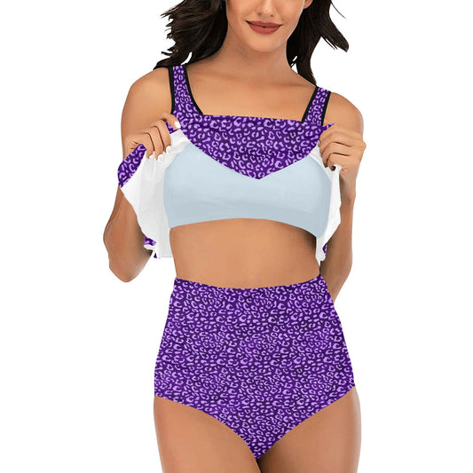 PurpleLeopard Ruffle Flounce Top High Waisted Bikini Set