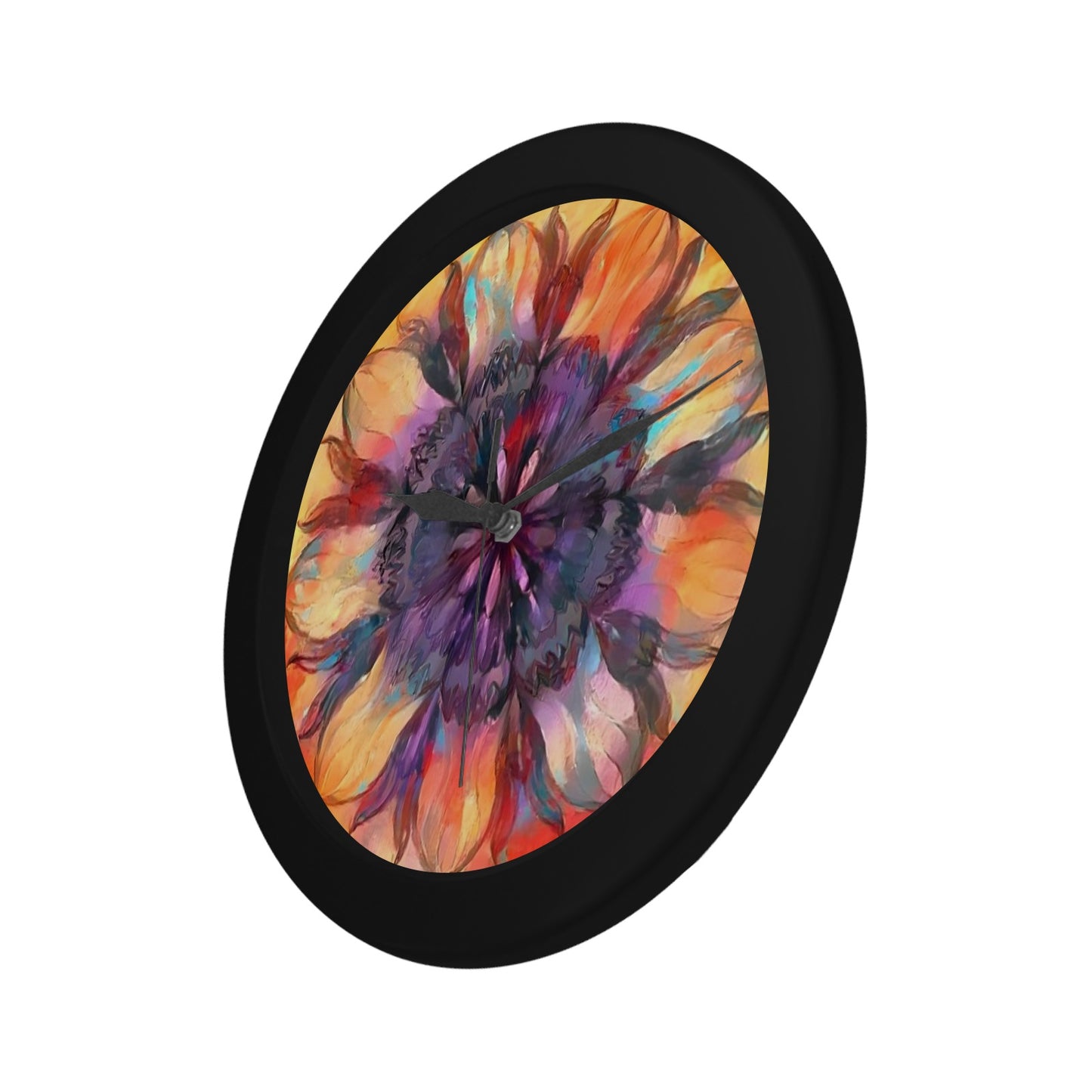 Painted Flower Black Plastic Wall Clock