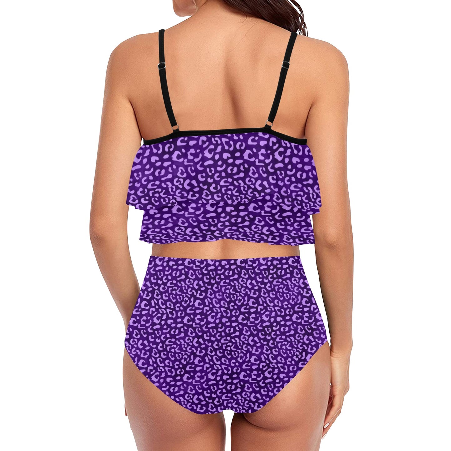 PurpleLeopard High Waisted Double Ruffle Bikini Set