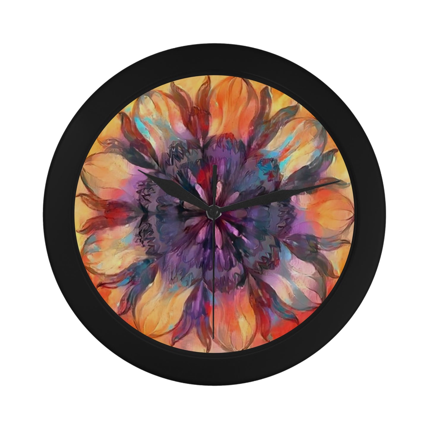 Painted Flower Black Plastic Wall Clock