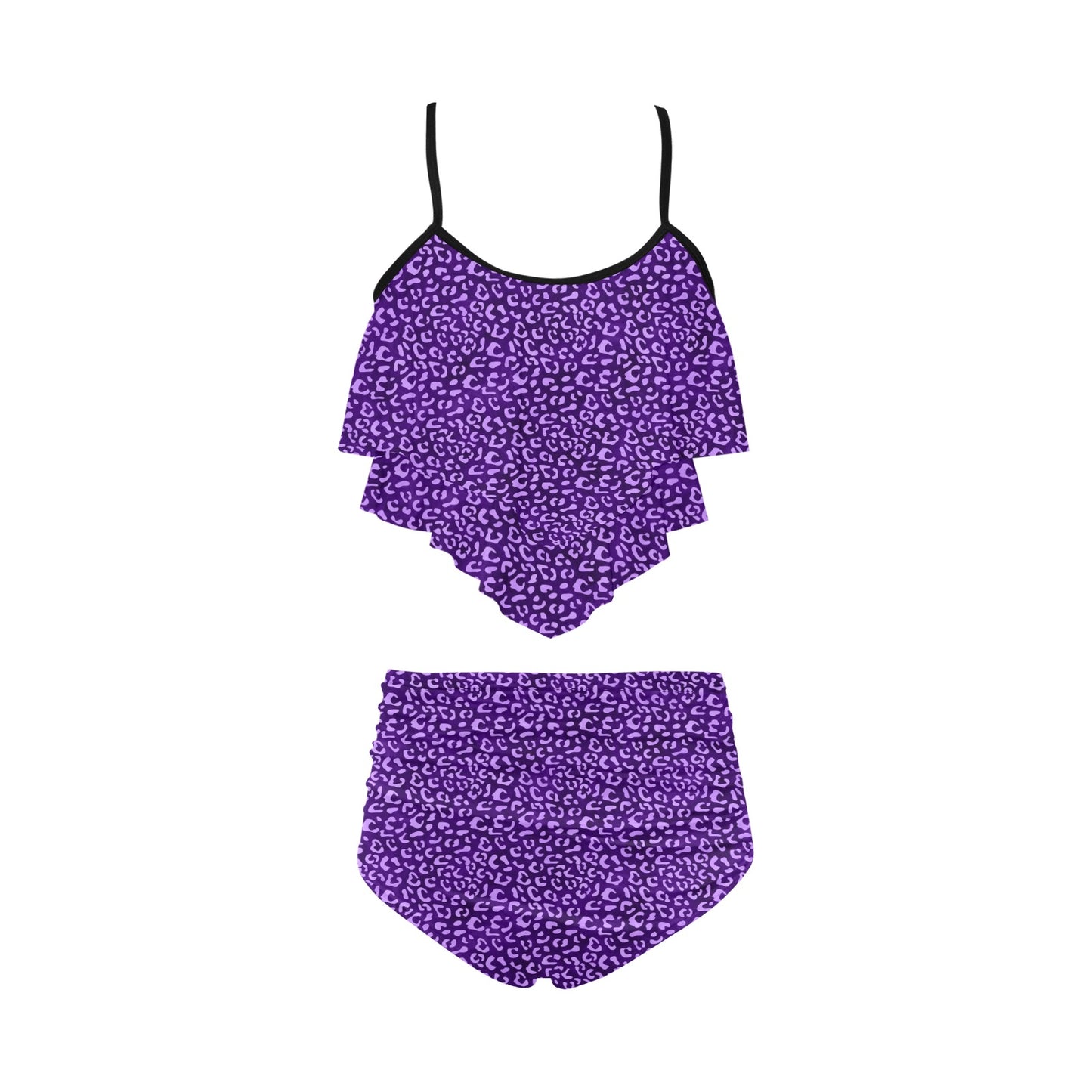 PurpleLeopard High Waisted Double Ruffle Bikini Set