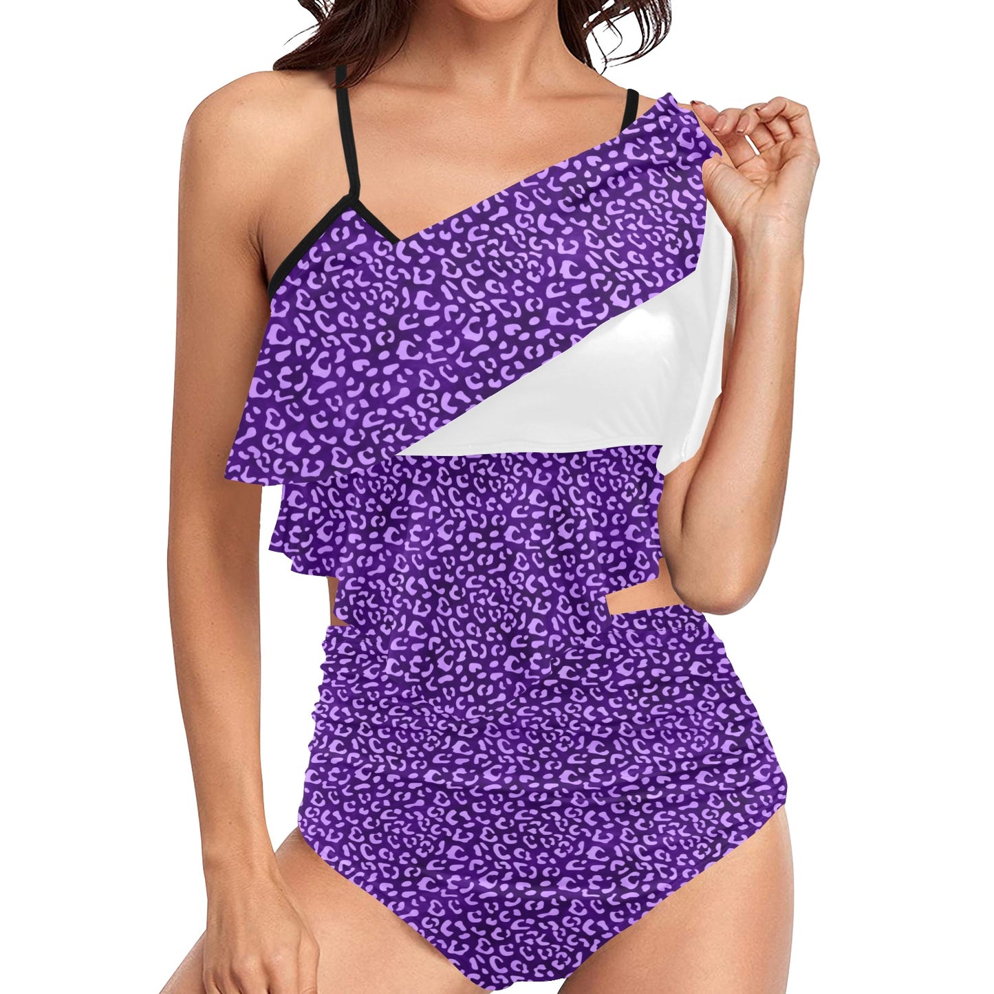 PurpleLeopard High Waisted Double Ruffle Bikini Set