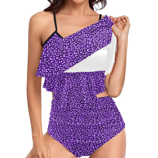 PurpleLeopard High Waisted Double Ruffle Bikini Set