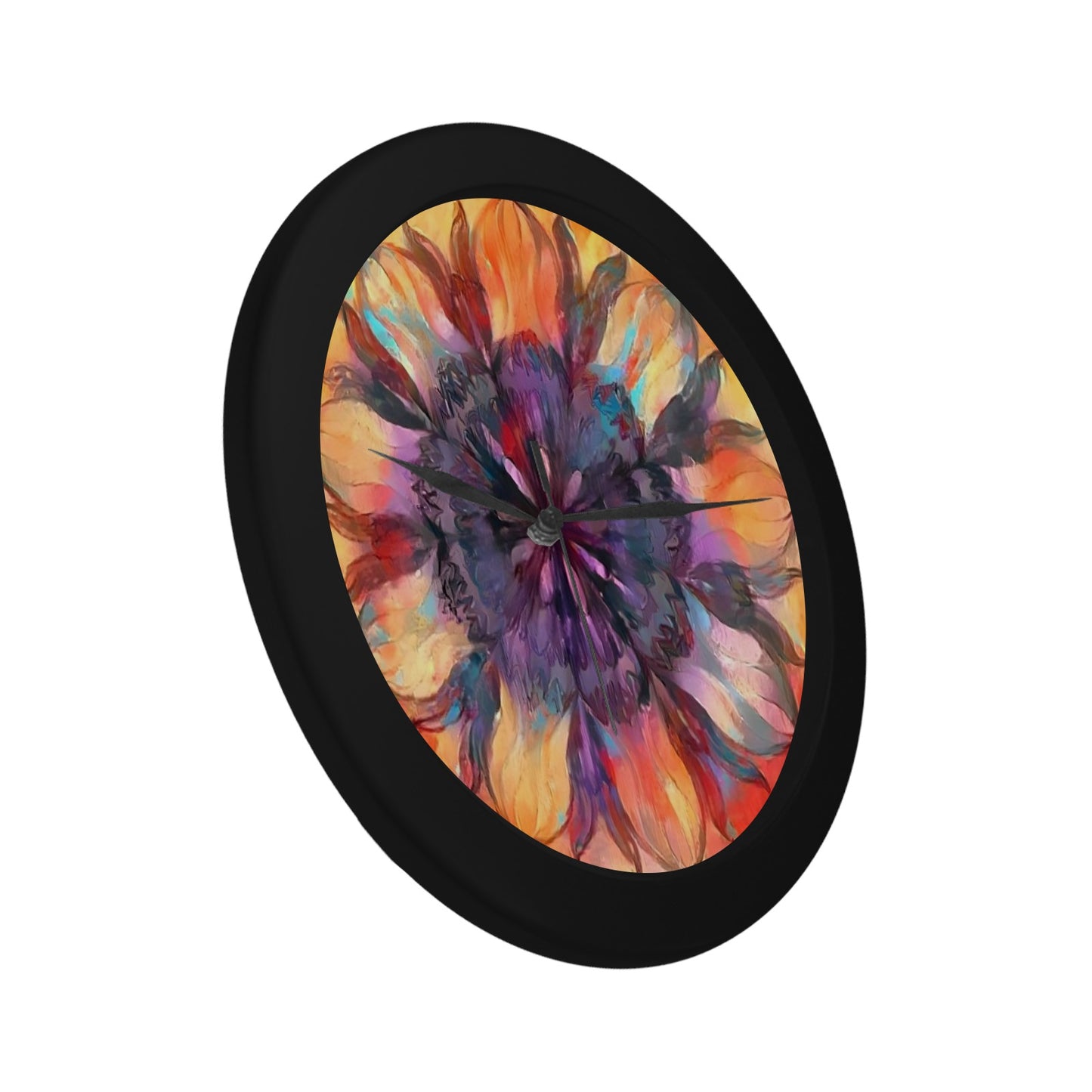 Painted Flower Black Plastic Wall Clock