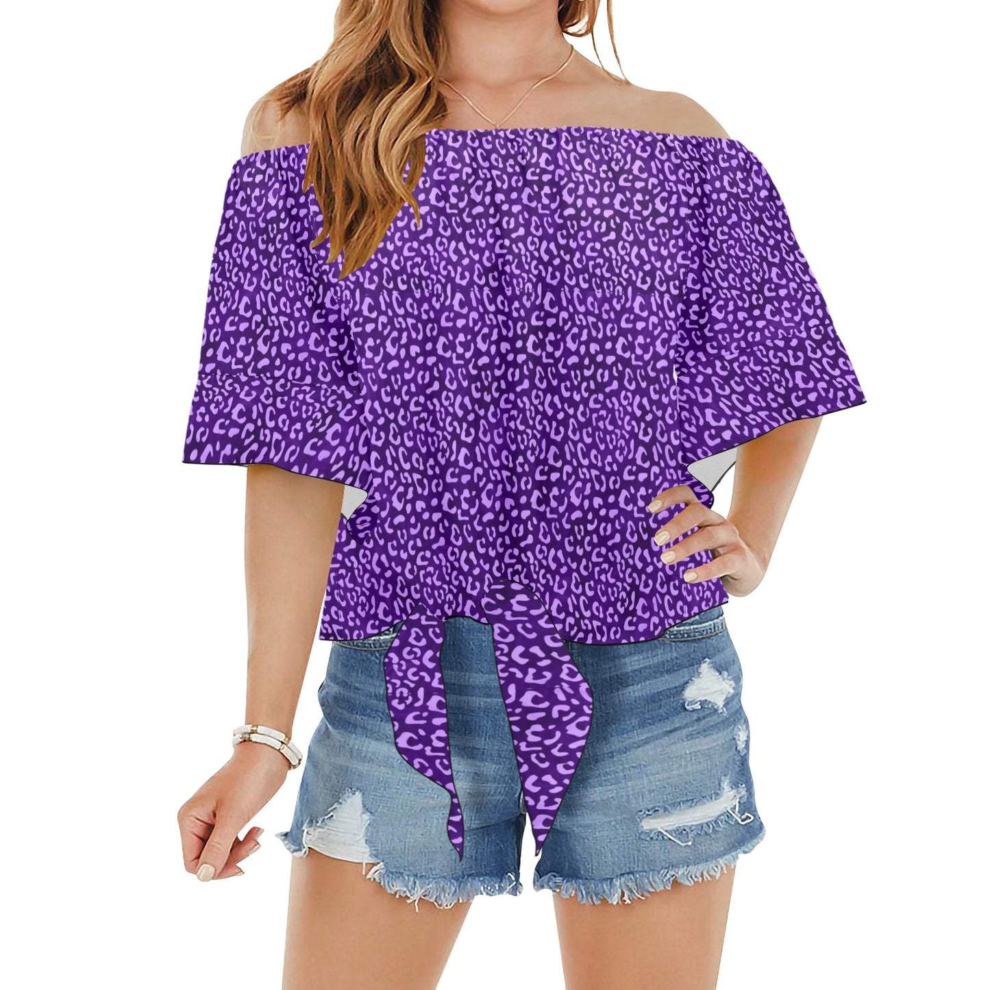 Purple Leopard 2 Off Shoulder Knot Front Blouse Top