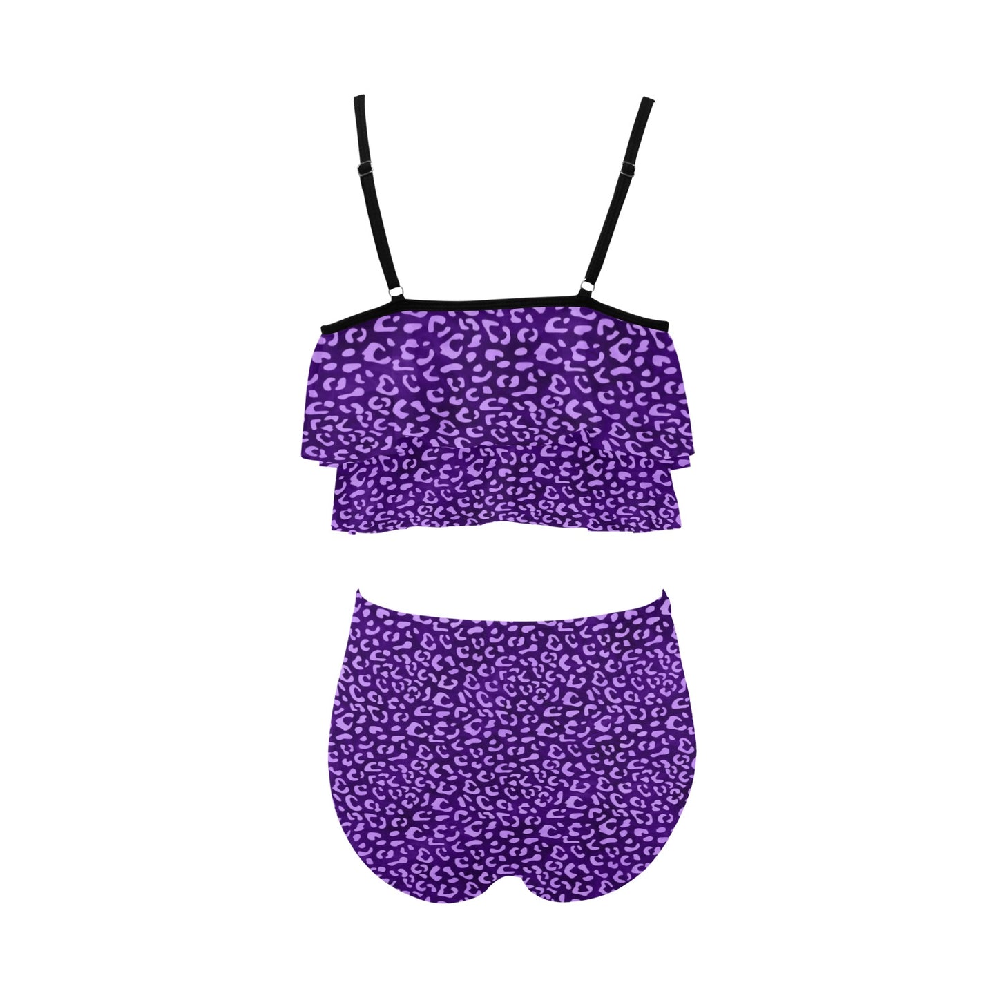 PurpleLeopard High Waisted Double Ruffle Bikini Set