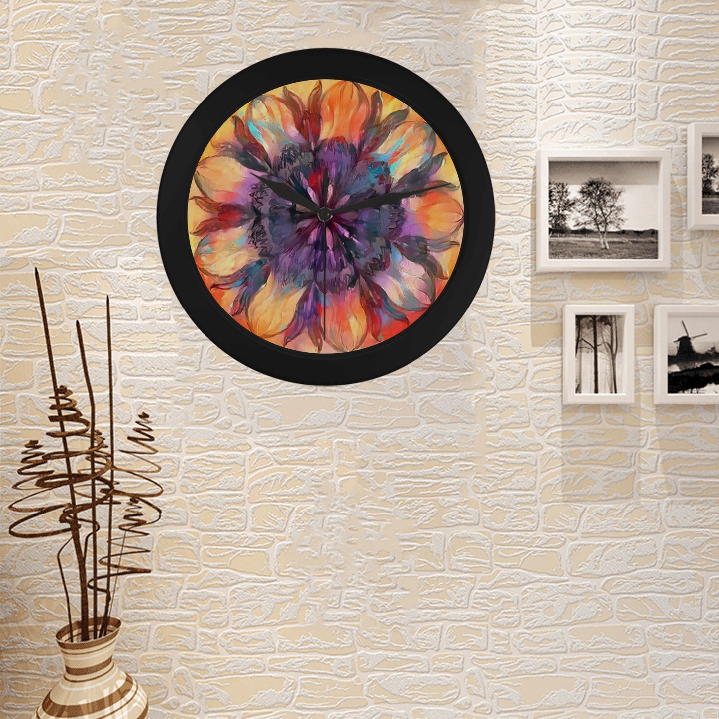 Painted Flower Black Plastic Wall Clock