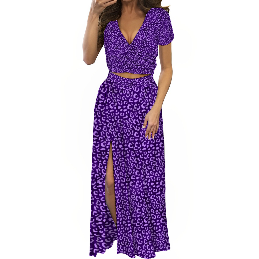 Women's Two Piece Outfit V-Neck Top and Long Skirt Set